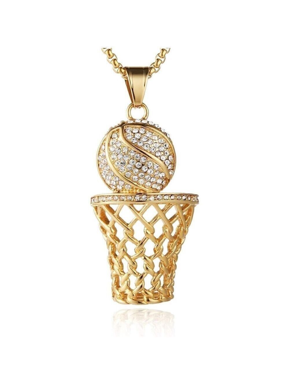 18K gold plated basketball hoop rim CZ inlay pendant box 22" chain necklace NWT